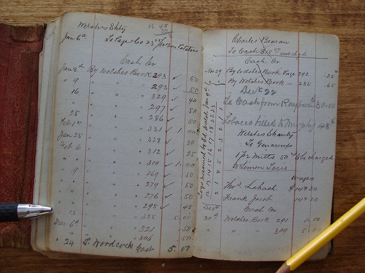 Open handwritten ledger with dated entries, columns of names and figures, a pen and a yellow pencil on a wooden counter