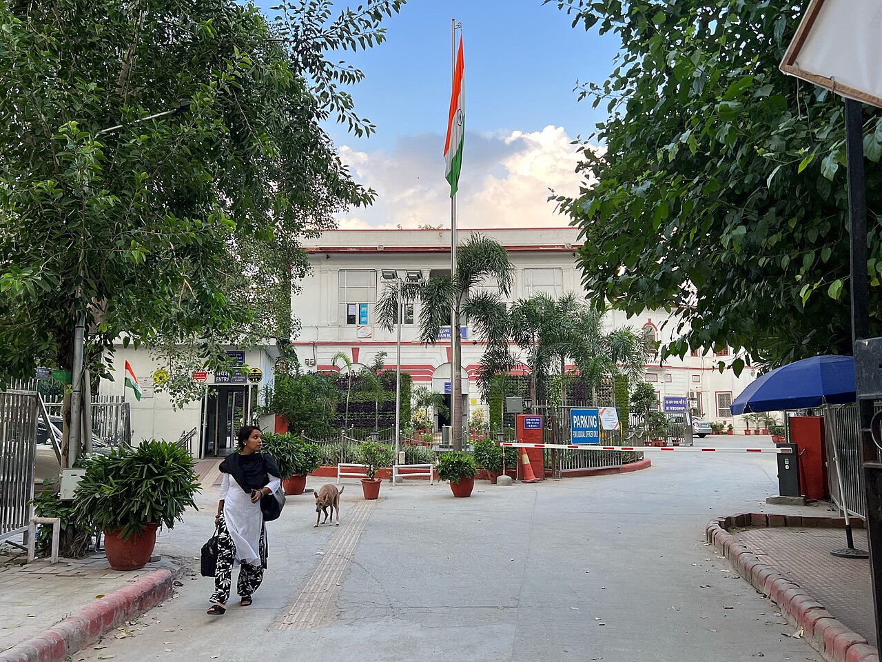 A woman carrying bags walks past potted plants toward the entrance of a white building with an Indian flag on a pole.