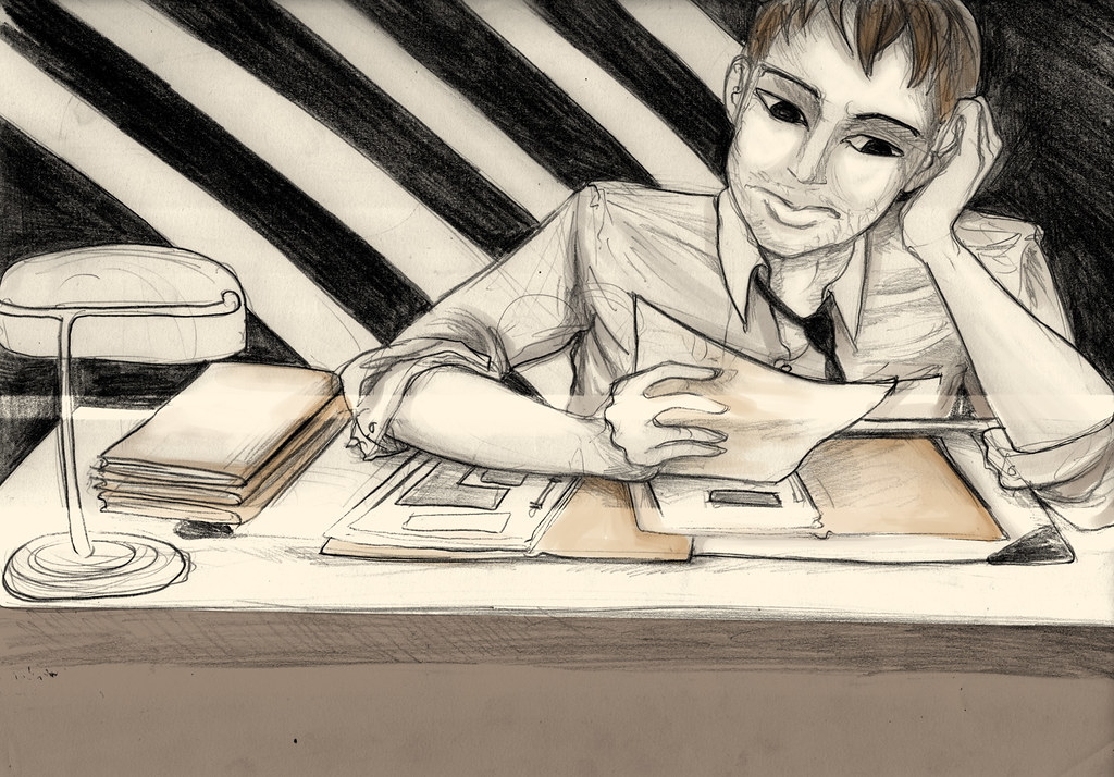 Drawing of a person in a shirt and tie at a desk holding a sheet of paper beside a desk lamp and a stack of papers